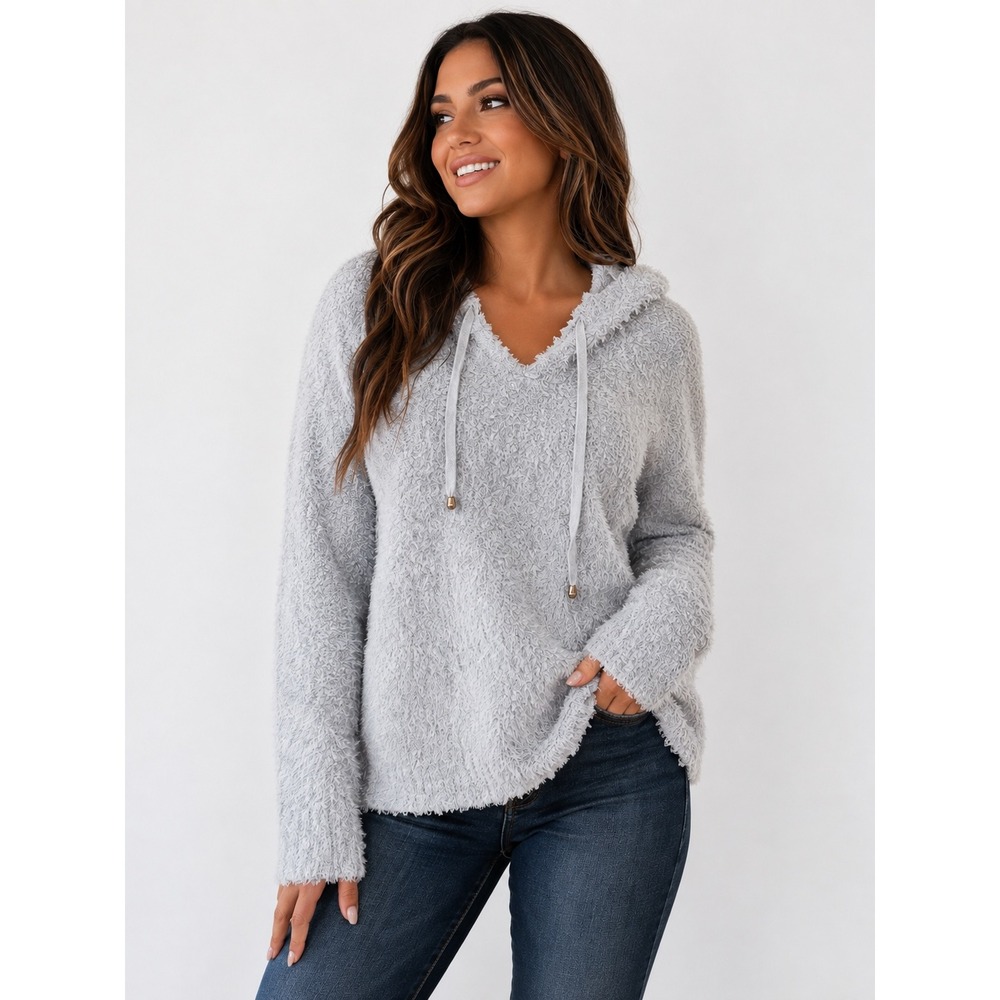 Light Gray Popcorn Knit Hoodie V-Neck Fuzzy Sweater 253368 Medium